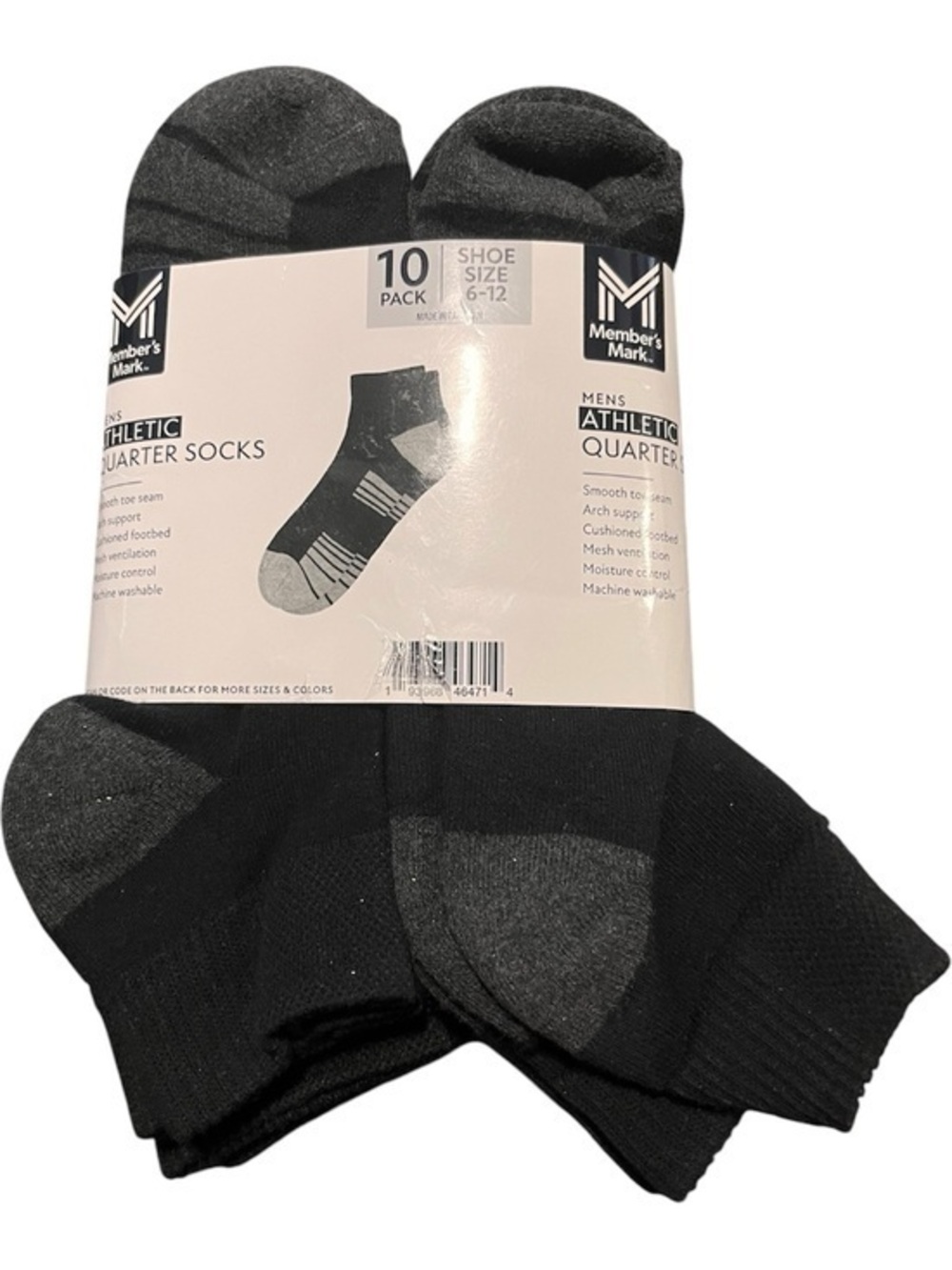 Member's Mark Men's Black Athletic Quarter Socks - 10 Pack